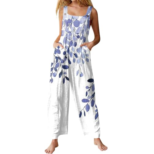 Latzhose Damen Sommer Lang Weites Bein Jumpsuit Baumwolle Leinen Luftig Overall Mit Taschen Elegant Latzhosen Loose Fit Freizeit Jumpsuits Bequeme Leicht Boho Playsuit Frauen Blumen Muster von FUPODD