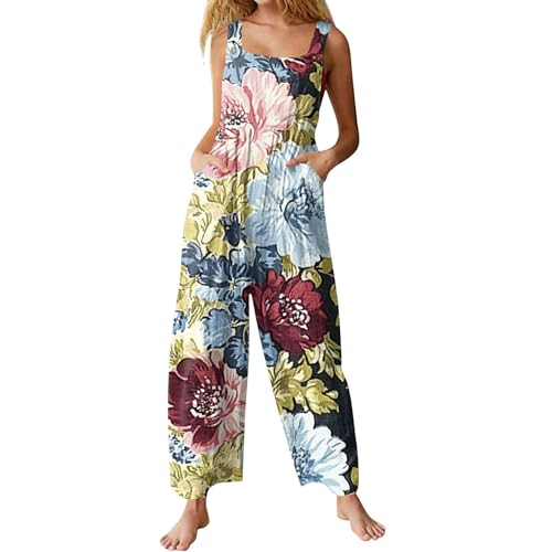 Latzhose Damen Sommer Lang Weites Bein Jumpsuit Baumwolle Leinen Luftig Overall Mit Taschen Elegant Latzhosen Loose Fit Freizeit Jumpsuits Bequeme Leicht Boho Playsuit Frauen Blumen Muster von FUPODD