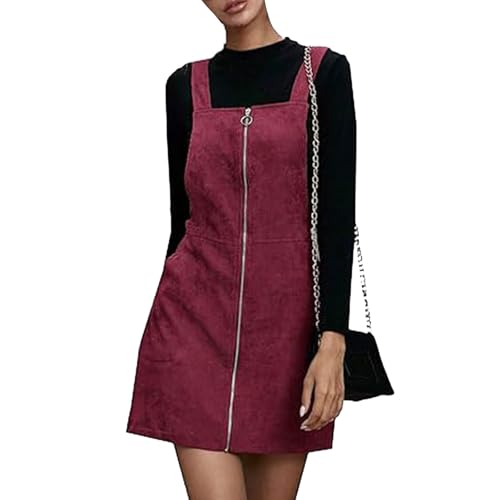Latzkleid Damen Cord Minikleid Verstellbares Hosenträger Latzrock Cord Elegant Frühlingskleid Kurz Latzkleid Frauen mit Reissverschluss und Taschen Overallkleid Quadratischer Kragen A Linie von FUPODD
