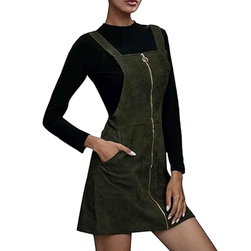 Latzkleid Damen Cord Minikleid Verstellbares Hosenträger Latzrock Cord Elegant Frühlingskleid Kurz Latzkleid Frauen mit Reissverschluss und Taschen Overallkleid Quadratischer Kragen A Linie von FUPODD