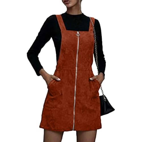 Latzkleid Damen Cord Minikleid Verstellbares Hosenträger Latzrock Cord Elegant Frühlingskleid Kurz Latzkleid Frauen mit Reissverschluss und Taschen Overallkleid Quadratischer Kragen A Linie von FUPODD