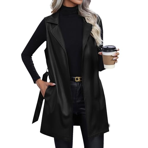 Leder Weste Damen Lang Lederjacke Damen Ärmellos Kunstlederweste Revers Ledermantel Motorradweste Mit Gürtel Übergangsjacke Mantel Winter Herbstjacke Frauen Damen-Westen Casual Trenchcoat von FUPODD