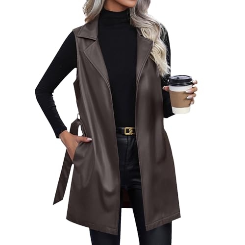 Leder Weste Damen Lang Lederjacke Damen Ärmellos Kunstlederweste Revers Ledermantel Motorradweste Mit Gürtel Übergangsjacke Mantel Winter Herbstjacke Frauen Damen-Westen Casual Trenchcoat von FUPODD