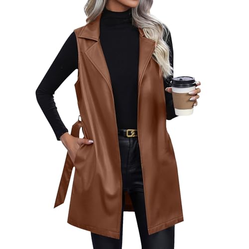Leder Weste Damen Lang Lederjacke Damen Ärmellos Kunstlederweste Revers Ledermantel Motorradweste Mit Gürtel Übergangsjacke Mantel Winter Herbstjacke Frauen Damen-Westen Casual Trenchcoat von FUPODD