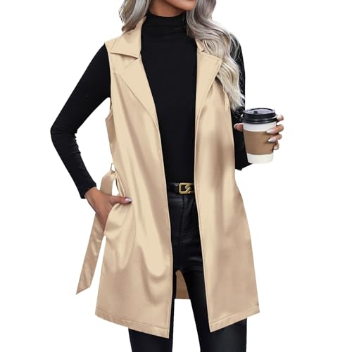 Leder Weste Damen Lang Lederjacke Damen Ärmellos Kunstlederweste Revers Ledermantel Motorradweste Mit Gürtel Übergangsjacke Mantel Winter Herbstjacke Frauen Damen-Westen Casual Trenchcoat von FUPODD