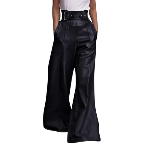 Lederhose Damen High Waist Lederimitat Culottes Hosen Frauen Wide Leg Kunstleder Freizeithose Pu Leder Lederhose Palazzo Hose Lederoptik Schlaghosen Party Festival Marlenehose Mit Taschen von FUPODD