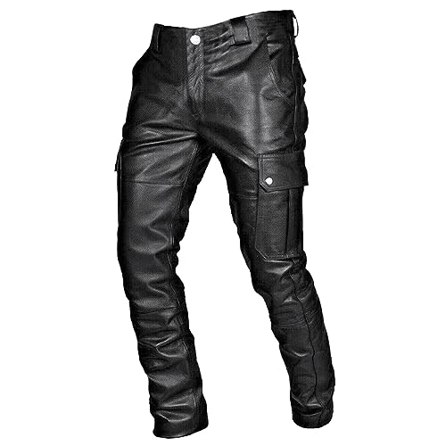 Lederhose Herren Tracht Lang Lederhose Lederjeans Bikerjeans Büffelleder Seitlich Geschnürt Schwarz Hose Biker Bikerjeans Männer Lange Lederjeans Hosen Western Style Wanderhose von FUPODD