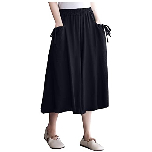 Leichte Sommerhose, Damen Caprihose Sommer Freizeithose Weites Bein Sommer Loose Hose Elegant Stretch Weite Sommerhosen Lang Plissee Haremshose 3/4 Länge Wickelhose Leinen Schlaghose Stoff von FUPODD