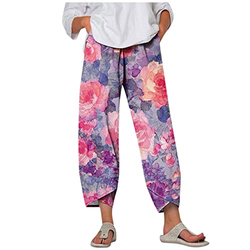Leichte Sommerhose, Damen Leinenhose Damen Leicht Luftige Baggy Hose Druck Sommer Mit Kordelzug Marlenehose Freizeithose Damen 3/4 Länge Leinen Haremshosen Für Frauen Palazzo Hose Weit von FUPODD