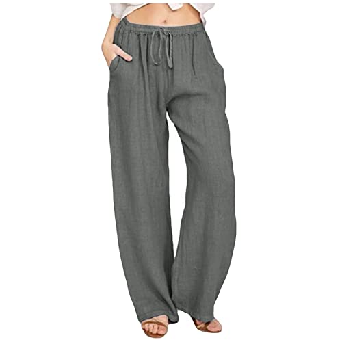 Leichte Sommerhose, Damen Leinenhose Damen Sommer Leicht Luftige Einfarbig Freizeithose Lang Große Größen Mit Kordelzug Marlenehose Elegant Gerades Bein Palazzo Hose Weites Bein Strandhose Leinen von FUPODD