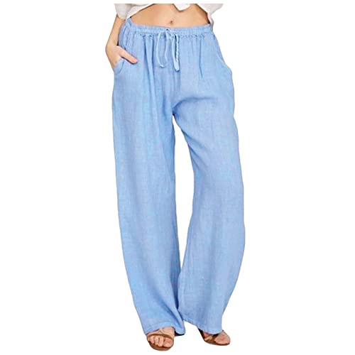 Leichte Sommerhose, Damen Leinenhose Damen Sommer Leicht Luftige Einfarbig Freizeithose Lang Große Größen Mit Kordelzug Marlenehose Elegant Gerades Bein Palazzo Hose Weites Bein Strandhose Leinen von FUPODD