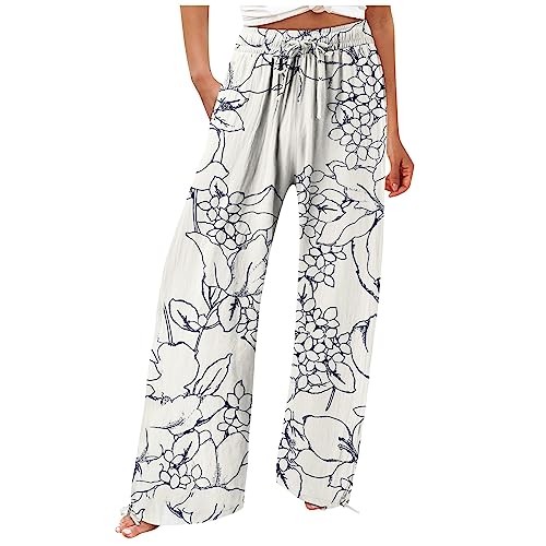 Leichte Sommerhose Damen Schnittmuster Marlenehose Damen Elegant Hohe Taille Freizeithose Damen Lang Sommer Sommerhose Damen Leicht Flower High Waist Palazzo Hose Damen Stoff Schlaghose Damen von FUPODD