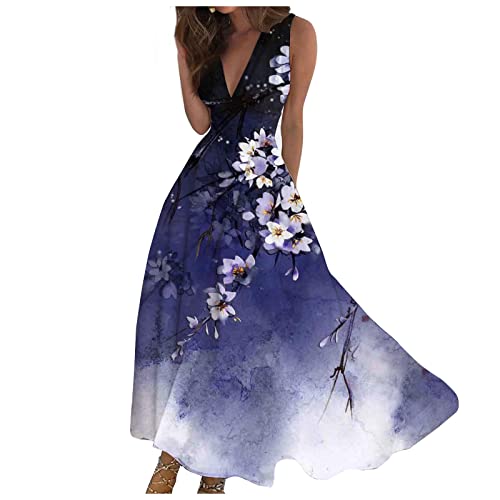 Leichte Sommerkleider A Linien Kleid Damen Sommer Empirestil High Waist Kleider Elegant Lange Deep V Luftige Sommerkleider Blumenmuster Geblümt Brautkleid Standesamt Gemustert Bedruckt von FUPODD