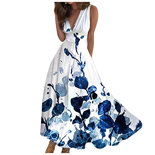 Leichte Sommerkleider A Linien Kleid Damen Sommer Empirestil High Waist Kleider Elegant Lange Deep V Luftige Sommerkleider Blumenmuster Geblümt Brautkleid Standesamt Gemustert Bedruckt von FUPODD