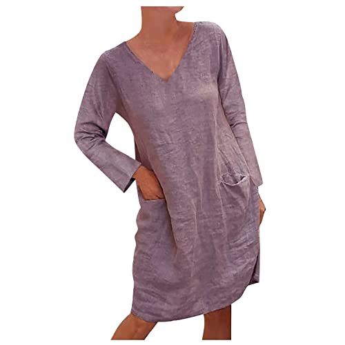 Leinen Tunika Kleid Damen Langarm A Linie Sommerkleid Knielang Kleider Elegant Frauen V Ausschnitt Leinenkleid Leichte Shirtkleid Locker Strandkleid Sommerkleider Leicht Luftig Blusenkleid von FUPODD