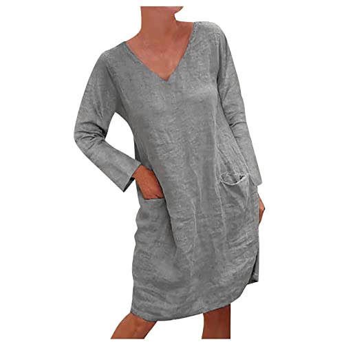 Leinen Tunika Kleid Damen Langarm A Linie Sommerkleid Knielang Kleider Elegant Frauen V Ausschnitt Leinenkleid Leichte Shirtkleid Locker Strandkleid Sommerkleider Leicht Luftig Blusenkleid von FUPODD