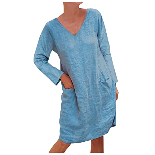 Leinen Tunika Kleid Damen Langarm A Linie Sommerkleid Knielang Kleider Elegant Frauen V Ausschnitt Leinenkleid Leichte Shirtkleid Locker Strandkleid Sommerkleider Leicht Luftig Blusenkleid von FUPODD