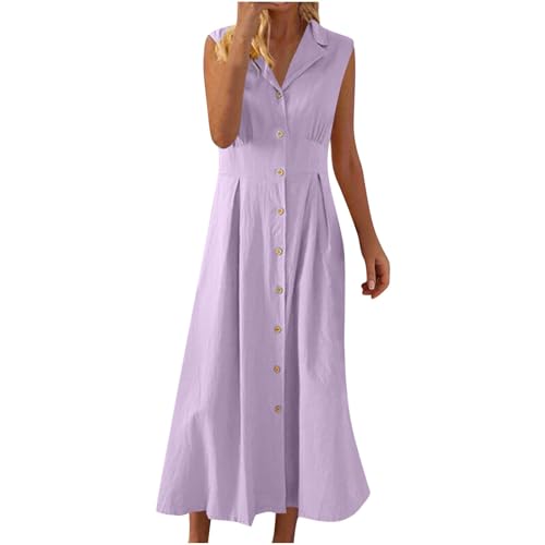 Leinenkleid Damen Sommer Maxikleid Elegant Sommerkleid Lang Kleider A Linie Strandkleid Tunika Kleid Baumwolle Leinen Blusenkleid Knöpfe Sommerkleider Frauen Leicht Und Luftig V Ausschnitt von FUPODD