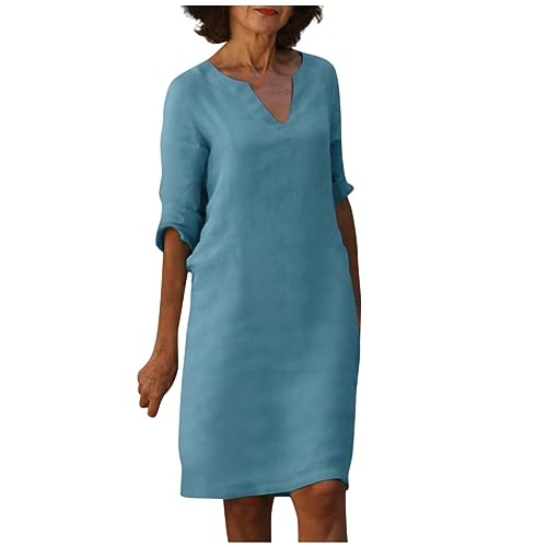 Leinenkleider Damen Knielang Sommerkleid Leinen V Ausschnitt Kleid Leichte Elegant Luftige Locker Sommerkleider Frauen Einfarbig Tunika Kleider Elegante Damenkleider Gerade Geschnitten von FUPODD
