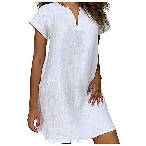 Leinenkleider Damen Kurz Leichte Sommerkleid Leinen Minikleid Strand Kleider Frauen V Ausschnitt Kleid Sommer Kurzarm Einfarbig Locker Damenkleider Sommerkleider Leicht Und Luftig Shirtkleid von FUPODD
