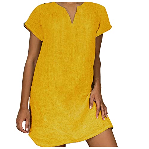 Leinenkleider Damen Kurz Leichte Sommerkleid Leinen Minikleid Strand Kleider Frauen V Ausschnitt Kleid Sommer Kurzarm Einfarbig Locker Damenkleider Sommerkleider Leicht Und Luftig Shirtkleid von FUPODD