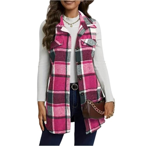 Longweste Damen Elegant Kariert Weste Damen Flanell Lang Mantel Ärmellos Westen Leicht Lange Wolle Damenweste Mittellang Übergangsjacke Frauen Casual Kuschelig Herbstweste Mit Knöpfen Kragen von FUPODD