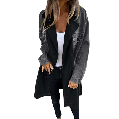 Mantel Damen Lang Patchwork Jeansjacke Frauen Winter Herbstjacke Frühling Damen-Jacken Umlegekragen Trenchcoat Oversize Damenmantel Langarm Button Down Übergangsjacke Casual Jacke Elegant von FUPODD