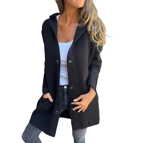 Mantel Damen Mit Kapuze Wollmantel Frauen Winter Elegant Trenchcoat Wintermantel Mittellang Cardigan Tweed Jacke Einfarbig Winterjacke Mit Knöpfen Damenmantel Mit Taschen Übergangsmantel von FUPODD