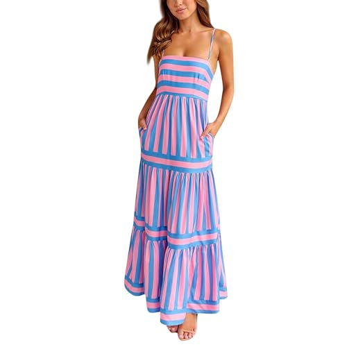 Maxikleid Damen Schick Gestreift Sommerkleid Damen Spaghettiträger Bandeau Kleider Damen Schößchen Schwingen Sommerkleider Damen Leicht Und Luftig Partykleid Lang Corset Strandkleid Boho Casual von FUPODD