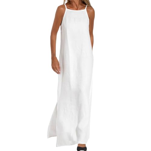 Maxikleid Damen Sommer A Linie Elegant Sommerkleider Leicht Und Luftig trägerkleid mit Beinschlitz Sommerkleid Lang Locker Strandkleid Ärmellos Musselin Kleid Einfarbig Maxi Kleider Frauen von FUPODD