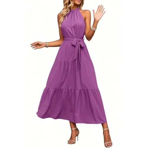 Maxikleid Damen Sommer A Linie Rüschen Langes Sommerkleid Damen Elegant Neckholder Ärmellos Sommerkleider Leicht Und Luftig Casual Lang Kleider Frauen Mit Gürtel Volant Maxi Strandkleid Party von FUPODD