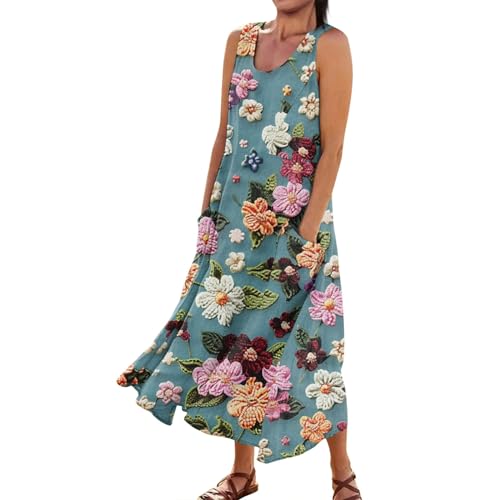 Maxikleid Damen Sommer Blumen Vintage Sommerkleid Lang Strandkleid Elegant Sommerkleider Damen Leicht Und Luftig Kleider Frauen Ärmellos Boho Kleid Blumenkleid Locker Damenkleider Mit Taschen von FUPODD