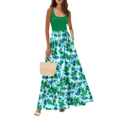 Maxikleid Damen Sommer Elegant Blumenkleid Ärmellos A Linie Mit Taschen Sommerkleid Damen Lang Schwingen Sommerkleider Leicht Und Luftig Blumen Patchwork Maxi Boho Kleider Frauen U Ausschnit von FUPODD