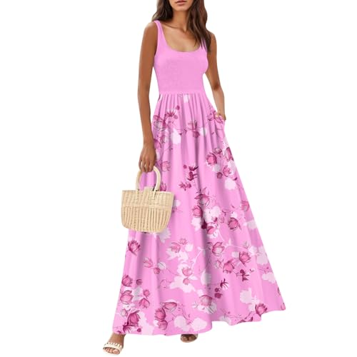 Maxikleid Damen Sommer Elegant Blumenkleid Ärmellos A Linie Mit Taschen Sommerkleid Damen Lang Schwingen Sommerkleider Leicht Und Luftig Blumen Patchwork Maxi Boho Kleider Frauen U Ausschnit von FUPODD