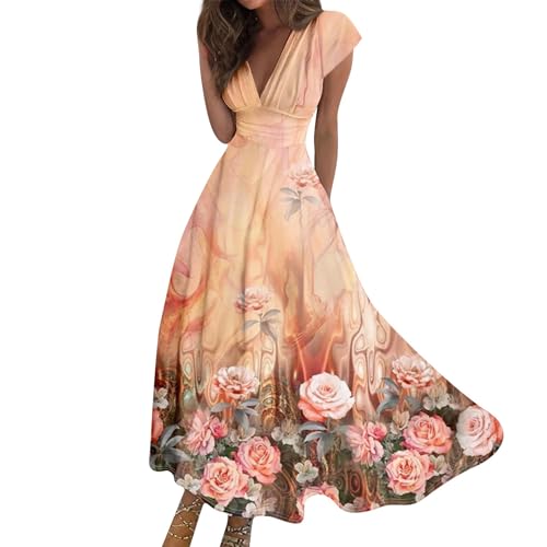 Maxikleid Damen Sommer Elegant Sommerkleid Lang A Linie Kleid Frauen V Ausschnitt Hohe Taille Kleider Tailliert Damenkleider mit Ärmel Sommerkleider Leicht und Luftig Strandkleid Schwingen von FUPODD