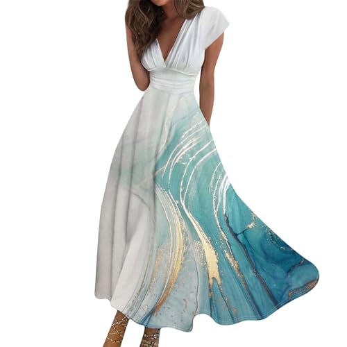 Maxikleid Damen Sommer Elegant Sommerkleid Lang A Linie Kleid Frauen V Ausschnitt Hohe Taille Kleider Tailliert Damenkleider mit Ärmel Sommerkleider Leicht und Luftig Strandkleid Schwingen von FUPODD