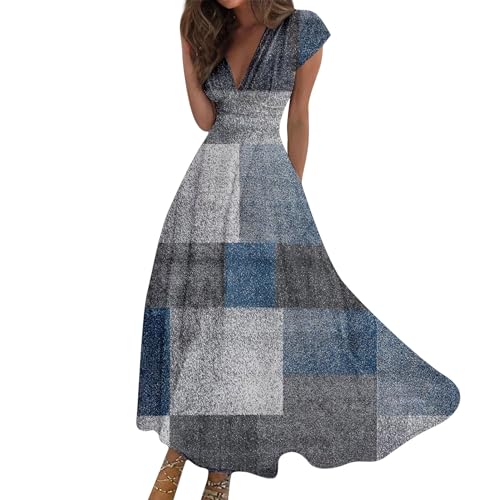 Maxikleid Damen Sommer Elegant Sommerkleid Lang A Linie Kleid Frauen V Ausschnitt Hohe Taille Kleider Tailliert Damenkleider mit Ärmel Sommerkleider Leicht und Luftig Strandkleid Schwingen von FUPODD