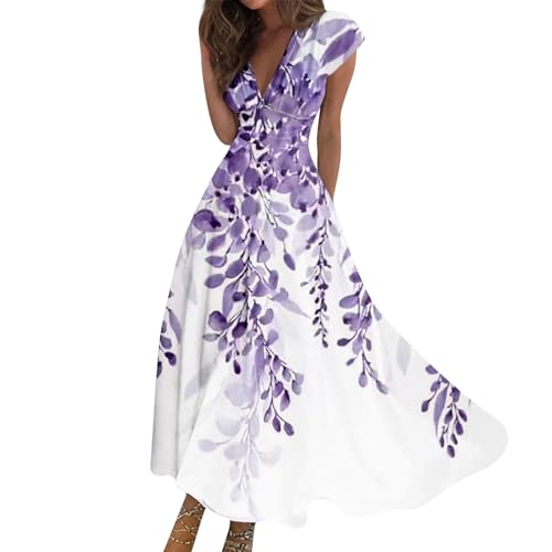Maxikleid Damen Sommer Elegant Sommerkleid Lang A Linie Kleid Frauen V Ausschnitt Hohe Taille Kleider Tailliert Damenkleider mit Ärmel Sommerkleider Leicht und Luftig Strandkleid Schwingen von FUPODD