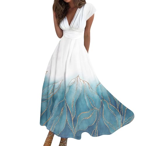 Maxikleid Damen Sommer Elegant Sommerkleid Lang A Linie Kleid Frauen V Ausschnitt Hohe Taille Kleider Tailliert Damenkleider mit Ärmel Sommerkleider Leicht und Luftig Strandkleid Schwingen von FUPODD