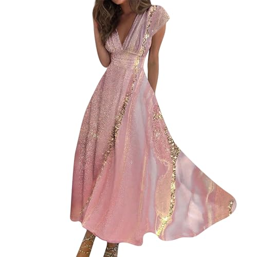 Maxikleid Damen Sommer Elegant Sommerkleid Lang A Linie Kleid Frauen V Ausschnitt Hohe Taille Kleider Tailliert Damenkleider mit Ärmel Sommerkleider Leicht und Luftig Strandkleid Schwingen von FUPODD
