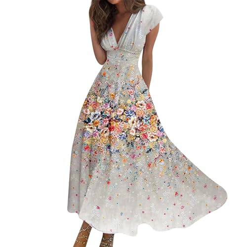 Maxikleid Damen Sommer Elegant Sommerkleid Lang A Linie Kleid Frauen V Ausschnitt Hohe Taille Kleider Tailliert Damenkleider mit Ärmel Sommerkleider Leicht und Luftig Strandkleid Schwingen von FUPODD