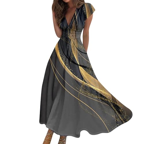 Maxikleid Damen Sommer Elegant Sommerkleid Lang A Linie Kleid Frauen V Ausschnitt Hohe Taille Kleider Tailliert Damenkleider mit Ärmel Sommerkleider Leicht und Luftig Strandkleid Schwingen von FUPODD