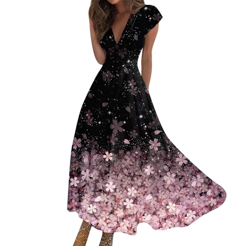 Maxikleid Damen Sommer Elegant Sommerkleid Lang A Linie Kleid Frauen V Ausschnitt Hohe Taille Kleider Tailliert Damenkleider mit Ärmel Sommerkleider Leicht und Luftig Strandkleid Schwingen von FUPODD