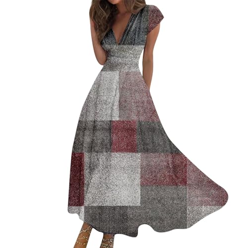 Maxikleid Damen Sommer Elegant Sommerkleid Lang A Linie Kleid Frauen V Ausschnitt Hohe Taille Kleider Tailliert Damenkleider mit Ärmel Sommerkleider Leicht und Luftig Strandkleid Schwingen von FUPODD
