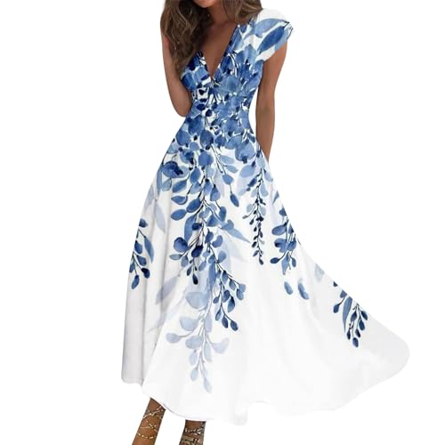 Maxikleid Damen Sommer Elegant Sommerkleid Lang A Linie Kleid Frauen V Ausschnitt Kleider Tailliert Hohe Taille Sommerkleider Leicht und Luftig Strandkleid Schwingen Damenkleider mit Ärmel von FUPODD
