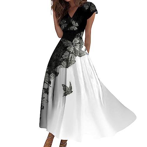 Maxikleid Damen Sommer Elegant Sommerkleid Lang A Linie Leicht Kleider V Ausschnitt Blumen Kleid Frauen Korsett Sommerkleider Luftig Boho Strandkleid Mit Ärmeln Partykleid Lange Freizeitkleid von FUPODD