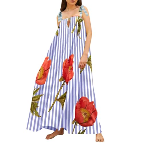 Maxikleid Damen Sommer Elegant Trägerkleid Schnürung Sommerkleid Damen Lang Mit Taschen Sommerkleider Leicht Und Luftig Strandkleid Kariert Blumen Kleider A Linie Träger Kleid Frauen Locker von FUPODD