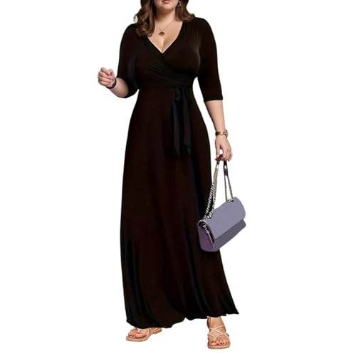 Maxikleid Damen Sommer Elegant V Ausschnitt Sommerkleid Damen Lang A Linie Mit Gürtel Große Größen Kleider Frauen Muster Festlich Boho Kleid 3/4 Ärmeln Maxi Sommerkleider Leicht Und Luftig von FUPODD