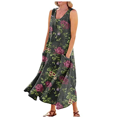 Maxikleid Damen Sommer Locker Sommerkleid Lang Elegant Kleider A Linie Ärmellos Strandkleid Boho Tank Tunika Kleid Mit Taschen Sommerkleider Frauen Leicht Luftig Freizeitkleid U Ausschnitt von FUPODD