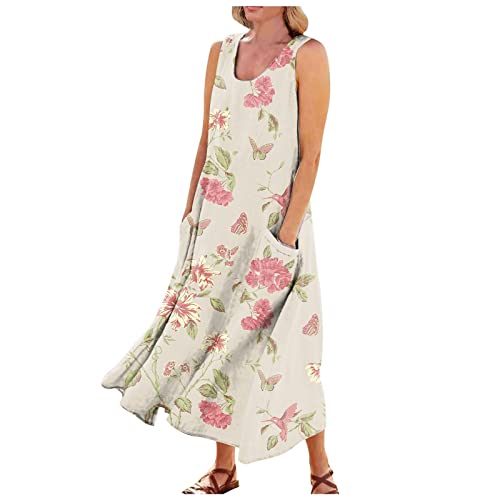 Maxikleid Damen Sommer Locker Sommerkleid Lang Elegant Kleider A Linie Ärmellos Strandkleid Boho Tank Tunika Kleid Mit Taschen Sommerkleider Frauen Leicht Luftig Freizeitkleid U Ausschnitt von FUPODD